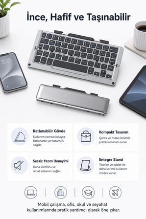 Gümüş Katlanabilir Bluetooth Touchpadli Klavye, Telefon Tablet iPad Uyumlu Şarjlı Mini Kablosuz Klavye
