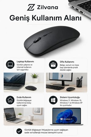 Siyah Slim Kablosuz Mouse 2.4G Şarj Edilebilir 1200 DPI İnce Tasarımlı Sessiz Ofis Laptop Faresi