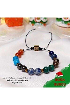 Boğa Burcu Ayarlanabilir Bileklik Akik, Turkuaz, Hematit, Dumanlı Kuvars,sodalit,malakit,lapislazuli