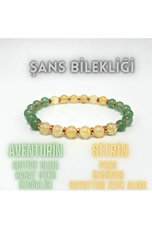 SERTİFİKALI Şans Bilekliği Doğal Taş  6mm Misinalı Aventurin Sitrin