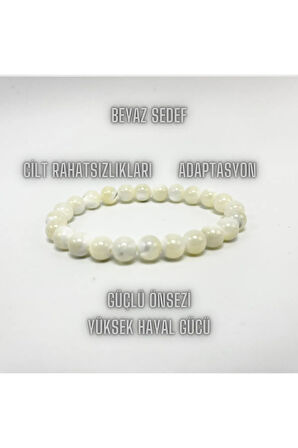 Sertifikalı Beyaz Sedef 8mm Elastik Misinalı Doğal Taş Bileklik