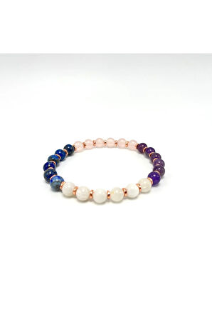 SERTİFİKALI Sevgi ve Mutluluk Bilekliği  Doğal Taş 6mm Misinalı Ay T. Pembe K. Lapis Ametist