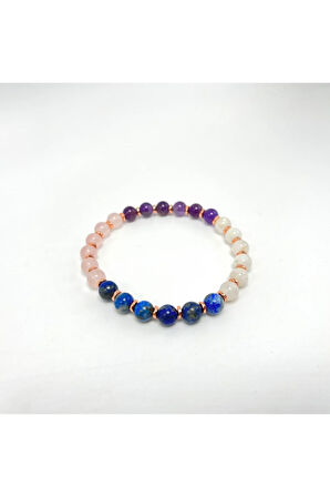 SERTİFİKALI Sevgi ve Mutluluk Bilekliği  Doğal Taş 6mm Misinalı Ay T. Pembe K. Lapis Ametist