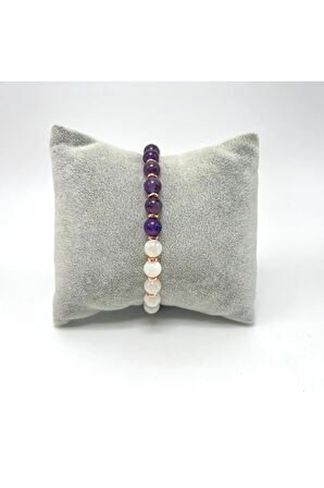 SERTİFİKALI Sevgi ve Mutluluk Bilekliği  Doğal Taş 6mm Misinalı Ay T. Pembe K. Lapis Ametist