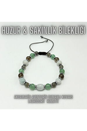 Sertifikalı Akuamarin Aventurin Dumanlı Kuvars Labrodorit Hematit Doğal Taş Bileklik Huzur Sakinlik