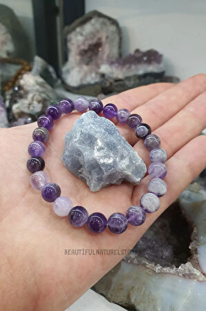 Ametist Doğal Taş Bileklik Aa Kalite 8 Mm ( Selestit Taş Hediyeli ) ( Yaşam Sevinçi , Pozitiflik )
