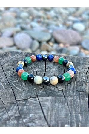 8mm Terazi Burcu doğaltaş bileklik, Lapis -Güneş taşı-Aventurin-Obsidyen-M.Opal-Hematit