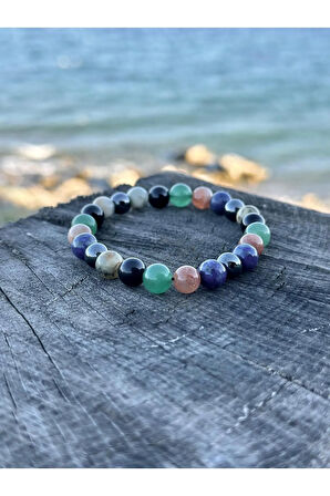 8mm Terazi Burcu doğaltaş bileklik, Lapis -Güneş taşı-Aventurin-Obsidyen-M.Opal-Hematit