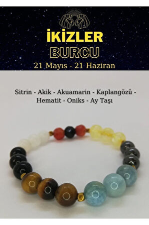 Ikizler Burcu Bilekliği Akik, Sitrin, Akuamarin, Kaplangözü, Hematit, Oniks, Aytaşı