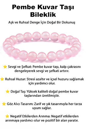 Doğaltaş Gül Kuvars Charm Bileklik Şık Enerji Stres Başarı Bilekliği