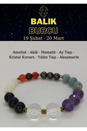 Balık Burcu Bilekliği Ametist, Akik, Aytaşı, Kristal Kuvars, Akuamarin, Yıldız Taşı, Hematit