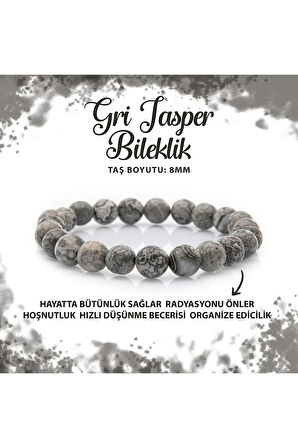 SERTİFİKALI GRİ JASPER DOĞAL TAŞ BİLEKLİK 8 MM