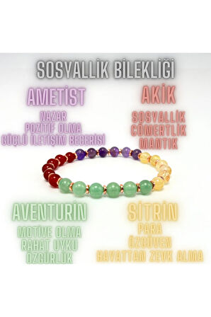 SERTİFİKALI Sosyallik Bilekliği Doğal Taş  6mm Misinalı Aventurin Sitrin Akik Ametist