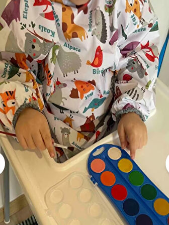 4-7 Yaş Zoo Sıvı Geçirmez Makinede Yıkanabilir Uzun Kollu Çocuk Faaliyet Aktivite Boyama Önlüğü