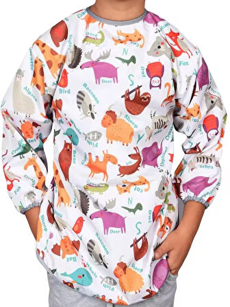 4-7 Yaş Zoo Sıvı Geçirmez Makinede Yıkanabilir Uzun Kollu Çocuk Faaliyet Aktivite Boyama Önlüğü