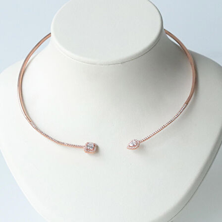 Baget ve Damla Taşlı Rose Gold Kaplama Chocker Gümüş Kolye