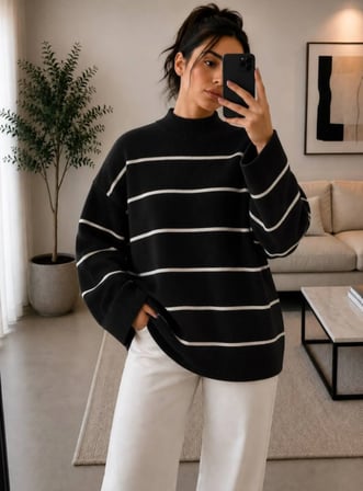 Kadın Salaş Çizgili Triko Kazak Oversize Modern ve Şık Kışlık