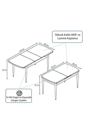 Zümra Serisi, 80x132 Açılabilir Beyaz Mermer Desen Mutfak Masası, Yemek Masası
