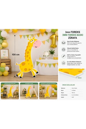 3mm Foreks Zürafa Figürlü Dekorasyon 100 cm – Çocuk Doğum Günü Parti Süsü ve Fotoğraf Alanı Dekoru (Sürpriz Hediyeli)