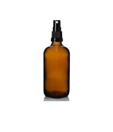 100ml kahverengi cam, siyah sprey başlıklı şişe, 24 adet, cam şişe, sprey şişesi, ecza şişesi, dropper şişe, medikal şişe