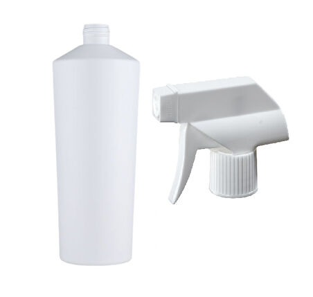 1 lt beyaz plastik triger sprey başlıklı şişe, 12 adet, sprey şişesi, triger başlıklı şişe, kozmetik şişe, sanayi tipi şişe, plastik şişe