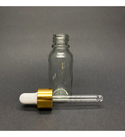 20ml Şeffaf, Cam Şişe, 24 adet, Cam Damlalıklı, Ecza şişesi, Propolis şişesi, Gold Kapak Beyaz Emzik