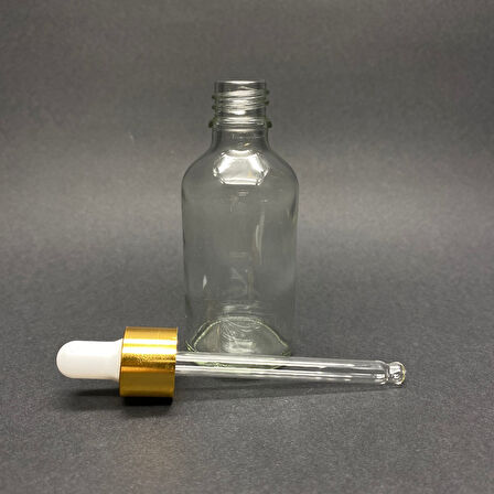 50ml Şeffaf, Cam Şişe, 12 adet, Cam Damlalıklı, Ecza şişesi, Propolis şişesi, Gold Kapak Beyaz Emzik