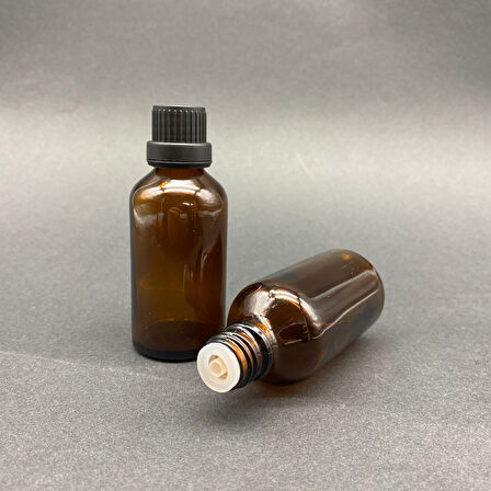 50ml kahvrengi şişe, içten damlalıklı kapak,12 adet Siyah damlatmalı kapak, Esans şişesi, Boş şişe, Aroma Şişesi
