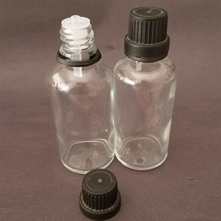 50ml şeffaf, içten damlalıklı kapak, 24 adet Siyah damlatmalı kapak, Esans şişesi, Boş şişe, Aroma Şişesi