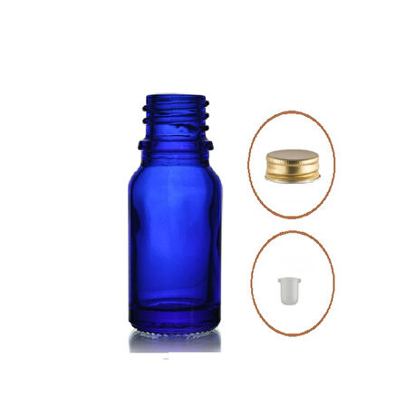 10ml mavi şişe sarı metal düz kapaklı, 12 adet, cam şişe, esans şişesi, yağ şişesi, kozmetik şişesi