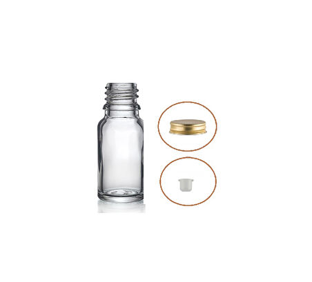 10ml şeffaf şişe sarı metal düz kapaklı, 24 adet, cam şişe, esans şişesi, yağ şişesi, kozmetik şişesi