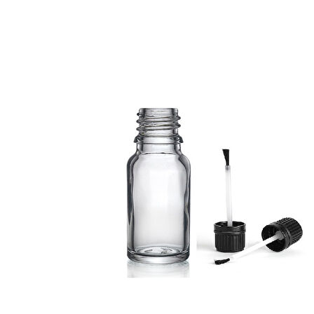 10ml şeffaf cam şişe fırça kapaklı, 12 adet, ecza şişesi, kozmetik şişe, yapıştırıcı şişesi, yağ şişesi