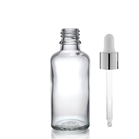 30ml şeffaf cam damlalıklı, 12 adet, Gümüş Kapak Beyaz Emzik, Ecza şişesi, Damlalıklı şişe, propolis şişesi, damlatmalı şişe, saç serum şişesi, ecza şişesi
