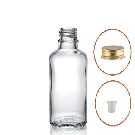 30ml şeffaf şişe sarı metal düz kapaklı, 24 adet, cam şişe, esans şişesi, yağ şişesi, kozmetik şişesi