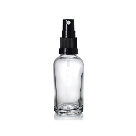 30ml şeffaf cam, siyah sprey başlıklı şişe, 12 adet, cam şişe, sprey şişesi, ecza şişesi, dropper şişe, medikal şişe