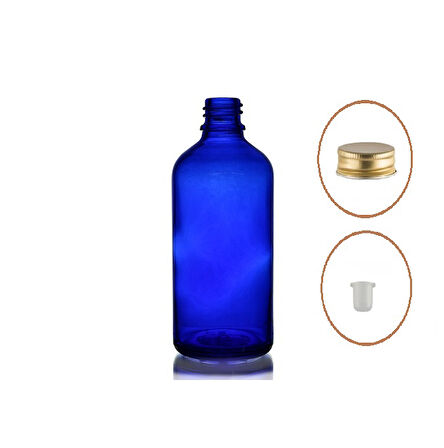 50ml mavi şişe, sarı metal düz kapaklı, 12 adet, cam şişe, esans şişesi, yağ şişesi, kozmetik şişesi