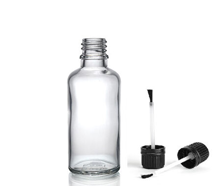 50ml şeffaf cam şişe fırça kapaklı, 12 adet, ecza şişesi, kozmetik şişe, yapıştırıcı şişesi, yağ şişesi