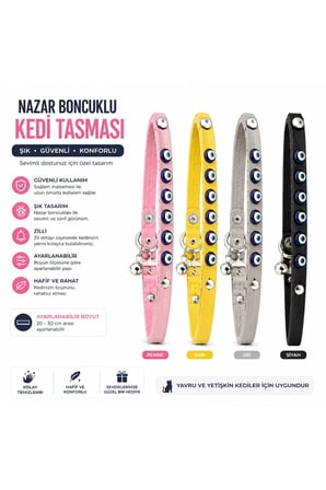 Nazar Boncuklu Ayarlanabilir Deri Görünümlü Kedi Boyun Tasması – Zilli, Şık ve Dayanıklı Renk Seceneklerıyle