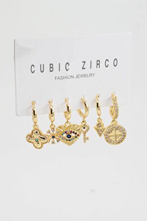 Kadın Yonca Figürlü Zirkon Taşlı 6'lı Set Küpe