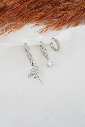 Kadın Zirkon Taşlı Flamingo Figürlü 3'lü Set Küpe