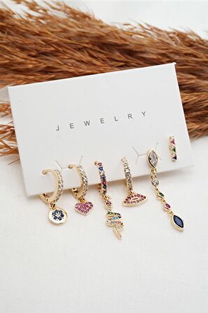  Kadın Altın Kaplama Renkli Yılan ve Kalp Figürlü 6'lı Set Küpe