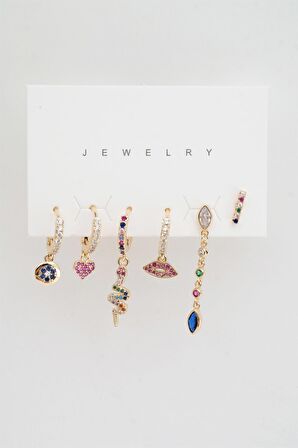  Kadın Altın Kaplama Renkli Yılan ve Kalp Figürlü 6'lı Set Küpe