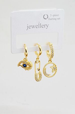  Kadın Zirkon Taşlı Çengelli İğne ve Göz Figürlü 3'lü Küpe Seti 