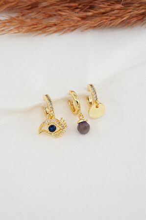  Kadın Zirkon Taşlı Göz Figürlü ve Ametist Taşlı 3'lü Küpe Seti 