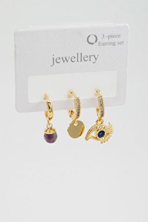  Kadın Zirkon Taşlı Göz Figürlü ve Ametist Taşlı 3'lü Küpe Seti 