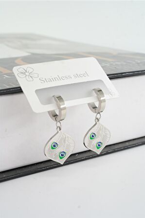  Kadın 316L Çelik Kararmaz Mineli Tüy Figürlü Küpe Seti