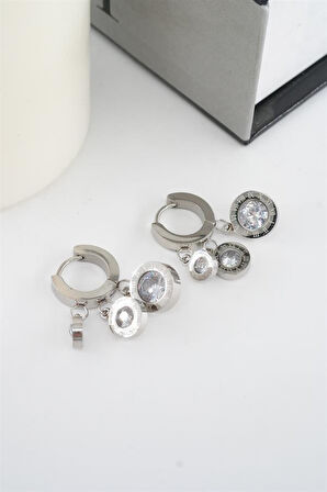  Kadın 316L Çelik Kararmaz Baget Zirkon Taşlı Shakira Model Küpe Seti