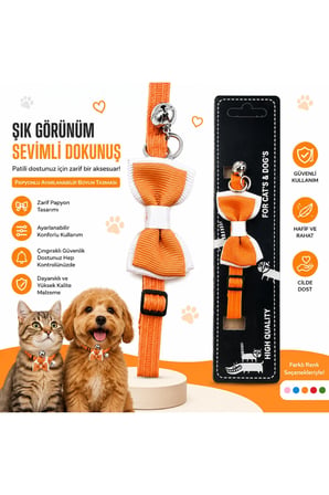 Papyonlu Ayarlanabilir Kedi ve Köpek Boyun Tasması – Zilli, Hafif ve Konforlu (Turuncu)