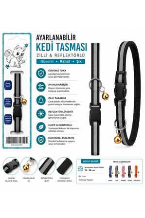 Ayarlanabilir Kedi ve Köpek Boyun Tasması – Zilli, Hafif ve Konforlu ( Siyah / Gri )