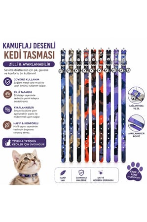 Kamuflaj Desenli Ayarlanabilir Zilli Kedi Boyun Tasması – Renk Seçenekli, Hafif ve Dayanıklı